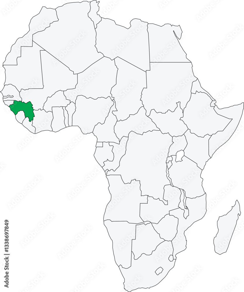 Detailed national location map of GUINEA within the great continent of Africa Detailed national location map of GUINEA within the great continent of Africa