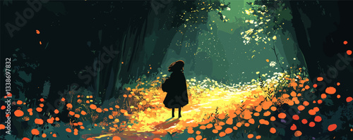 Enchanted forest stroll with sunlit pathway and vibrant flowers.