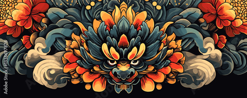 Intricate mythical beast illustration with vibrant floral patterns and abstract detail.