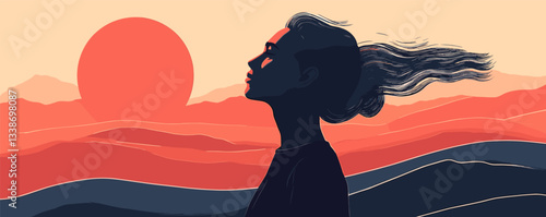 Silhouetted woman admiring sunset over mountain landscape with flowing hair.