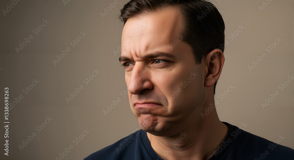 A man with a revolted expression and avoidant posture shows clear disgust while encountering something offensive. A man with a revolted expression and avoidant posture shows clear disgust while encountering something offensive.