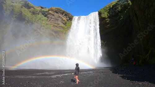 A lone traveler stands before Skógafoss, where Iceland’s legendary waterfall crashes in an endless roar beneath a rainbow-lit sky.