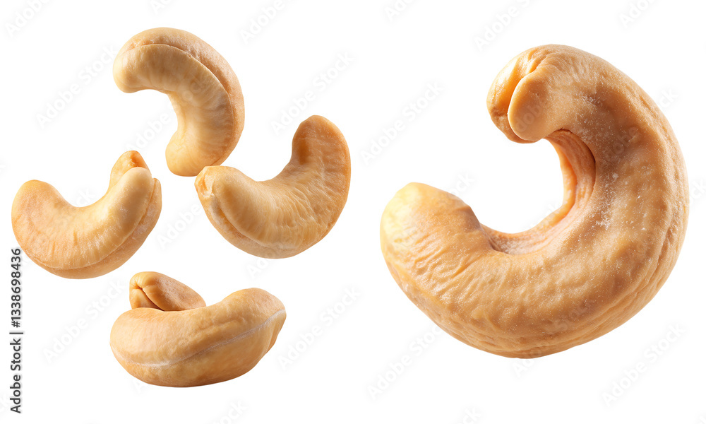 Fototapeta premium Cashew nuts set, fresh nuts collection isolated