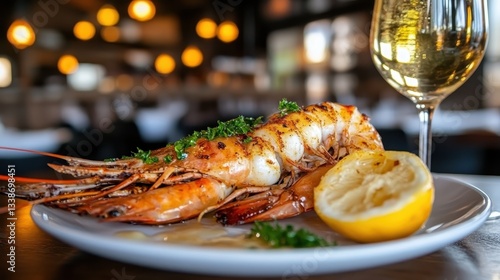 A luxurious lobster dish served with a wedge of lemon and garnished beautifully, enticing culinary enthusiasts to indulge in this sumptuous dining experience.