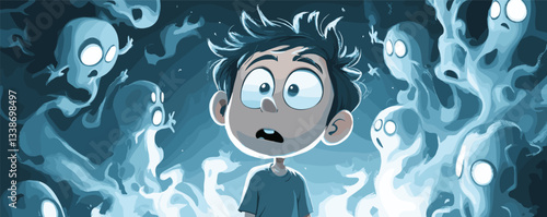 Frightened boy surrounded by ghostly apparitions in a dark, eerie setting.