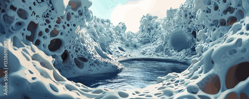 Surreal ice cavern with pool and unique formations in calm lighting.