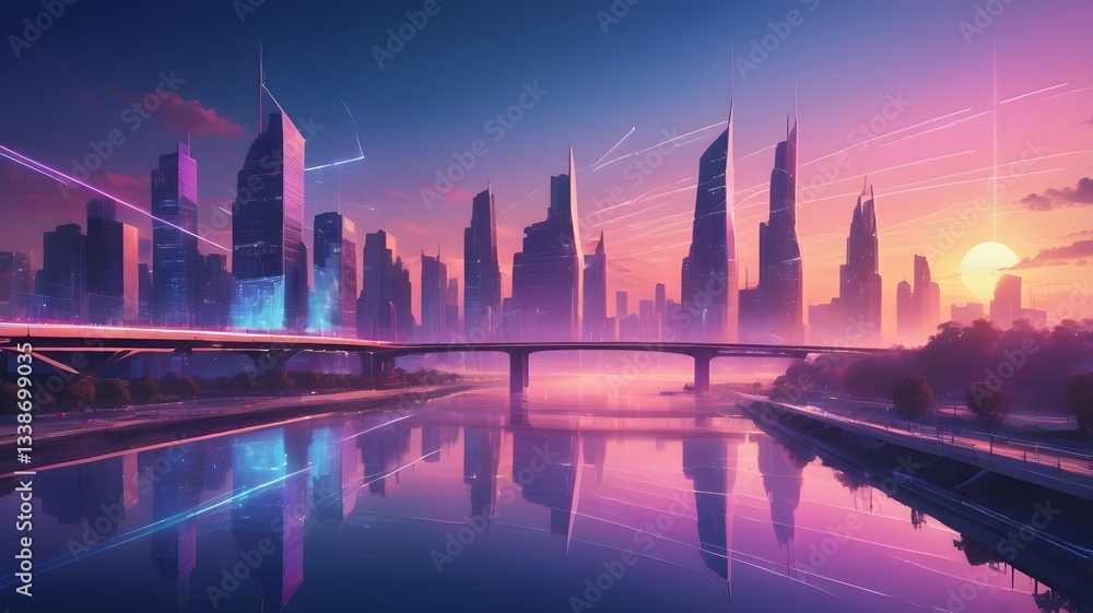 Obraz premium futuristic cityscape at sunset with a bright sun on the horizon