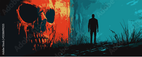 Silhouette of a man facing vibrant red skull in abstract landscape.