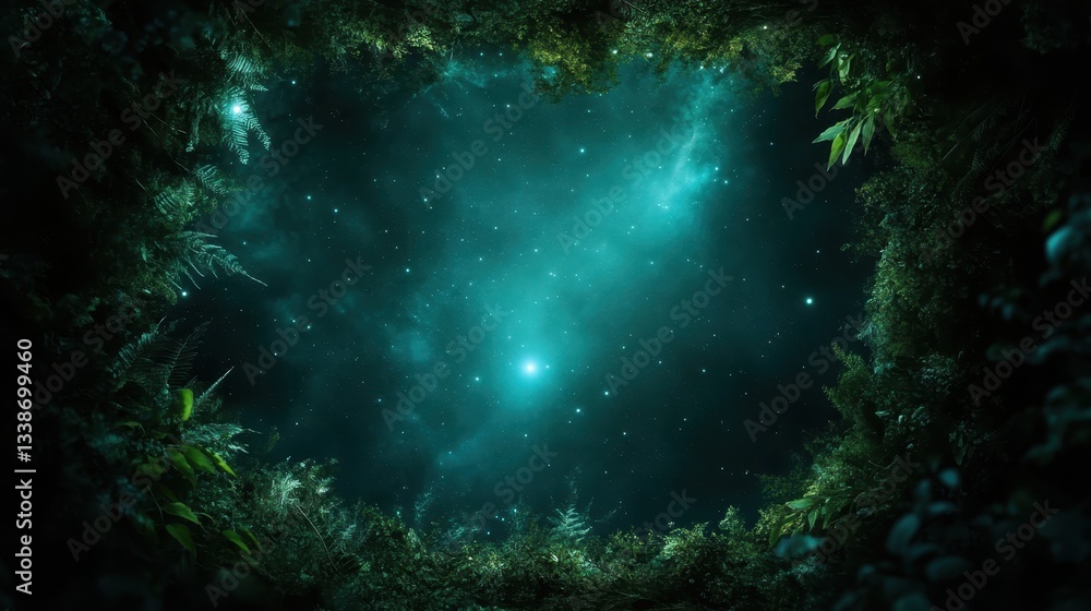 A captivating view of the night sky filled with stars, framed by lush green vegetation, creating a serene and enchanting atmosphere of nature and the cosmos combined. A captivating view of the night sky filled with stars, framed by lush green vegetation, creating a serene and enchanting atmosphere of nature and the cosmos combined.