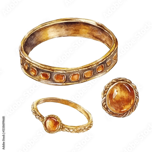 A watercolor vector painting of a golden bracelet and ring set, isolated on a white background.

