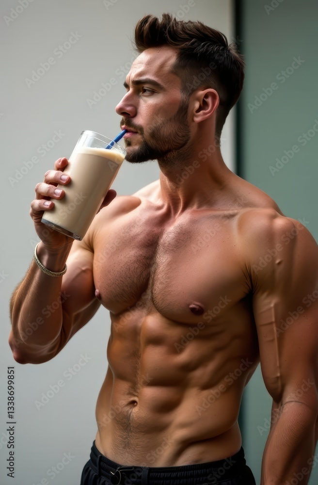 Muscular man drinking protein shake after workout Muscular man drinking protein shake after workout