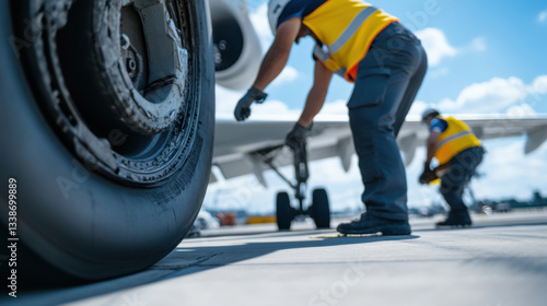 Aircraft maintenance crew inspecting landing gear aviation tire airport teamwork mechanics safety maintenance ground crew aircraft inspection wheels service professionals engineering machinery