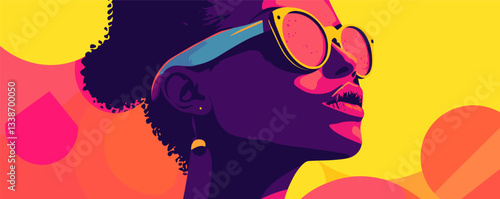 Colorful abstract portrait of a woman in sunglasses against a vibrant background.