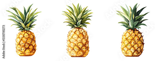 Three vibrant pineapples: juicy tropical fruits on white background.