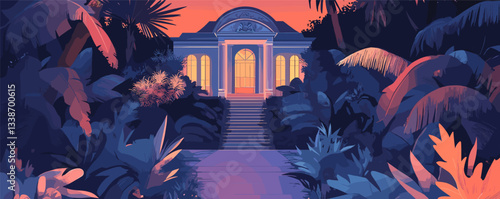 Tropical evening mansion with glowing windows surrounded by lush foliage and palm trees.