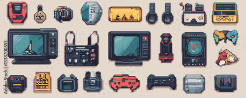 Retro gaming consoles and accessories collection with pixel art style.