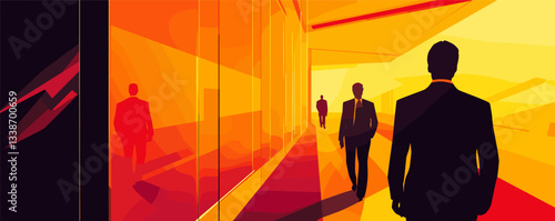 Silhouetted businessmen walking in vibrant abstract office corridor.