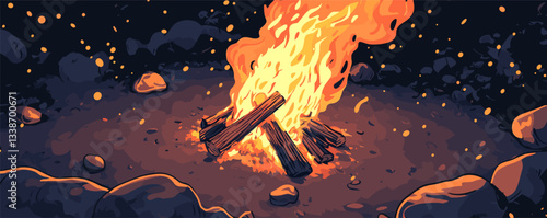 Campfire under starry night in forest clearing with glowing flames and stone circle.