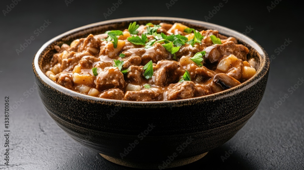A rustic bowl of homemade beef stroganoff with tender meat, mushrooms, and thick noodles, set on a textured black background A rustic bowl of homemade beef stroganoff with tender meat, mushrooms, and thick noodles, set on a textured black background