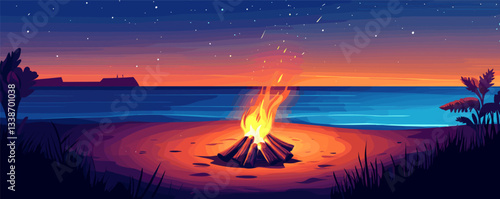 Tranquil night beach with campfire under starry sky and sunset horizon.