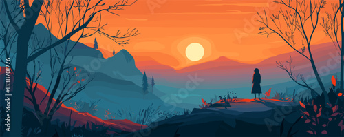Silhouetted person observing vibrant sunset over misty mountains and forest landscape.