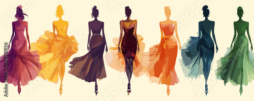 Elegant silhouette fashion show with seven women in colorful gowns from back view.