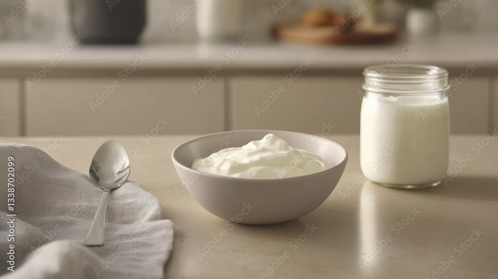 A soft and creamy bowl of sour cream, paired with a jar of fresh yogurt, served on a neutral-toned breakfast table. A soft and creamy bowl of sour cream, paired with a jar of fresh yogurt, served on a neutral-toned breakfast table.