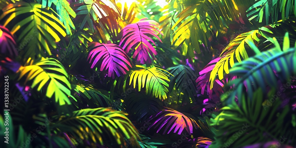 A vibrant and hyperrealistic rendering of tropical foliage displaying vivid fluorescent colors A vibrant and hyperrealistic rendering of tropical foliage displaying vivid fluorescent colors