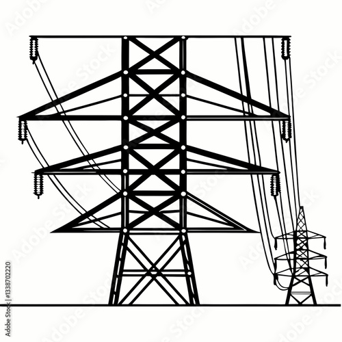 A towering steel pylon carries high-voltage power lines against a vibrant sunset sky