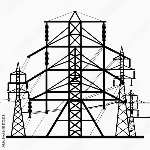 A towering steel pylon carries high-voltage power lines against a vibrant sunset sky