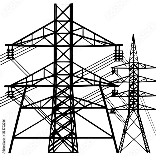 A towering steel pylon carries high-voltage power lines against a vibrant sunset sky