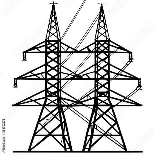 A towering steel pylon carries high-voltage power lines against a vibrant sunset sky