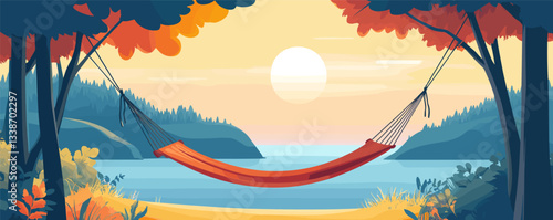 Serene lakeside sunrise with red hammock between autumn trees in tranquil forest.