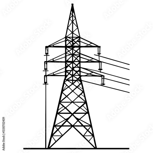 A towering steel pylon carries high-voltage power lines against a vibrant sunset sky