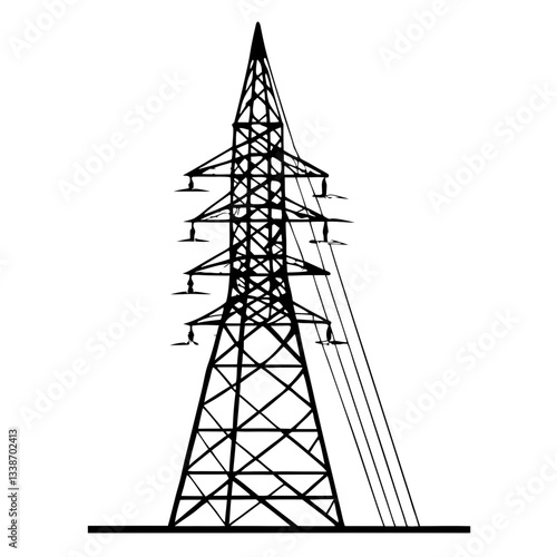 A towering steel pylon carries high-voltage power lines against a vibrant sunset sky