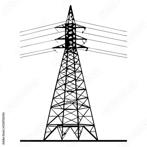 A towering steel pylon carries high-voltage power lines against a vibrant sunset sky