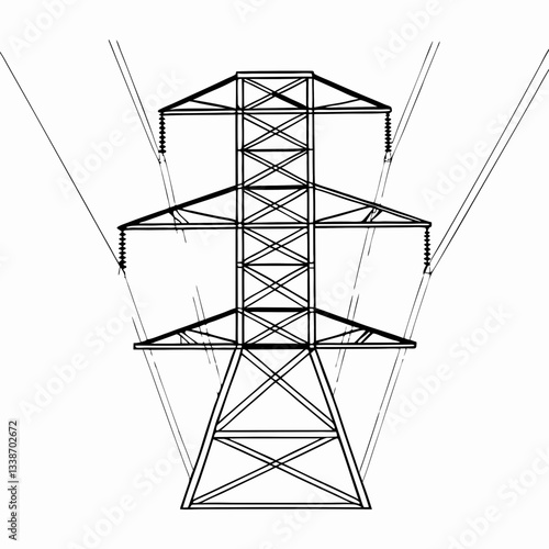 A towering steel pylon carries high-voltage power lines against a vibrant sunset sky