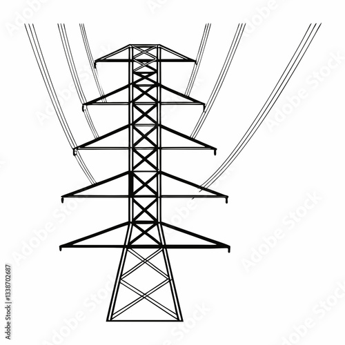 A towering steel pylon carries high-voltage power lines against a vibrant sunset sky