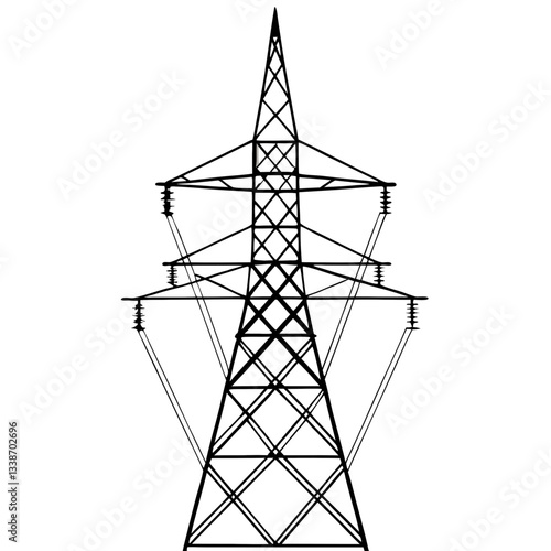 A towering steel pylon carries high-voltage power lines against a vibrant sunset sky
