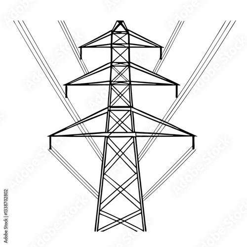 A towering steel pylon carries high-voltage power lines against a vibrant sunset sky