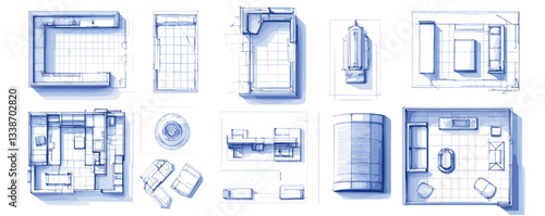 Top-down view of ten architectural floor plans with furniture arrangements in blueprints.