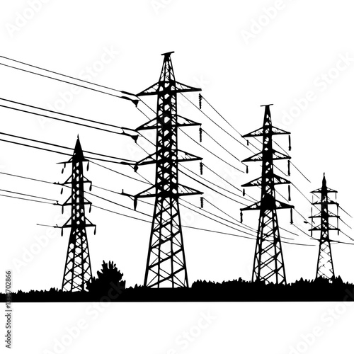 A towering steel pylon carries high-voltage power lines against a vibrant sunset sky