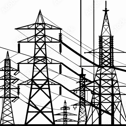 A towering steel pylon carries high-voltage power lines against a vibrant sunset sky