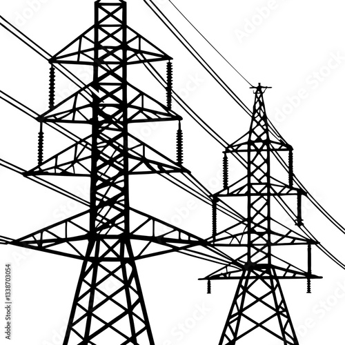 A towering steel pylon carries high-voltage power lines against a vibrant sunset sky