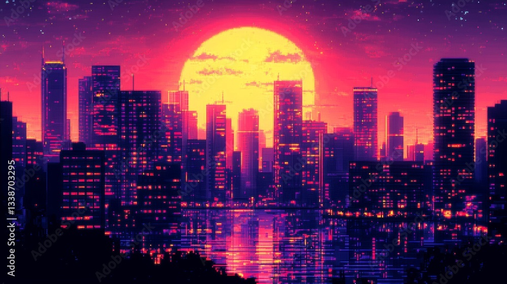Fototapeta premium Synthwave retro 8-bit pixel art of sunset cityscape in neon colors.