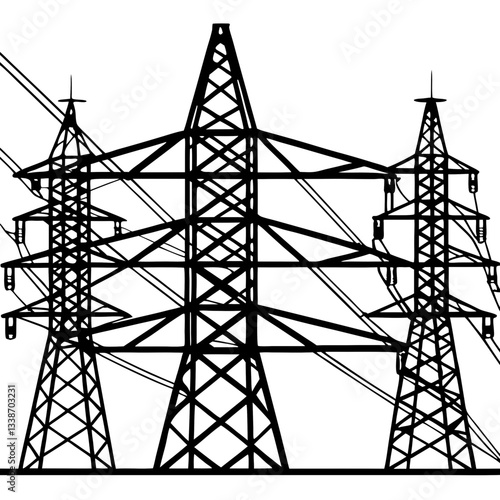 A towering steel pylon carries high-voltage power lines against a vibrant sunset sky