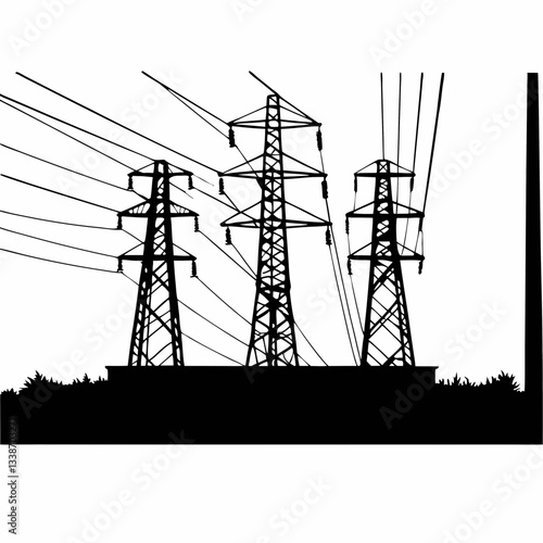 A towering steel pylon carries high-voltage power lines against a vibrant sunset sky
