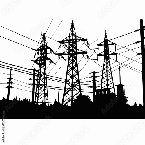 A towering steel pylon carries high-voltage power lines against a vibrant sunset sky