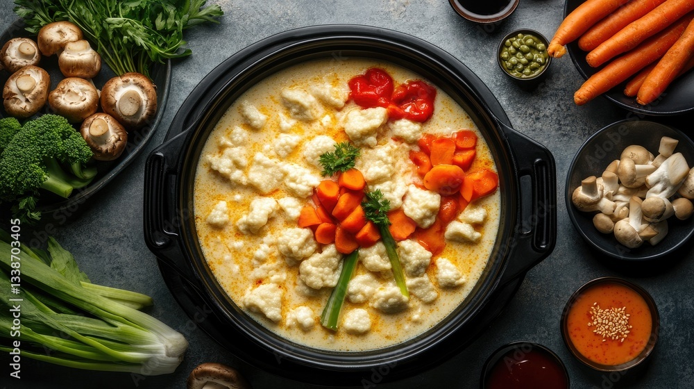 A top-down view of a soy milk hot pot feast, featuring a variety of fresh vegetables, mushrooms, and dipping sauces A top-down view of a soy milk hot pot feast, featuring a variety of fresh vegetables, mushrooms, and dipping sauces
