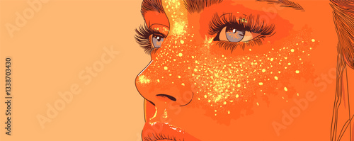 Woman's face with glitter art, close-up of eyes and freckles on bold orange background.